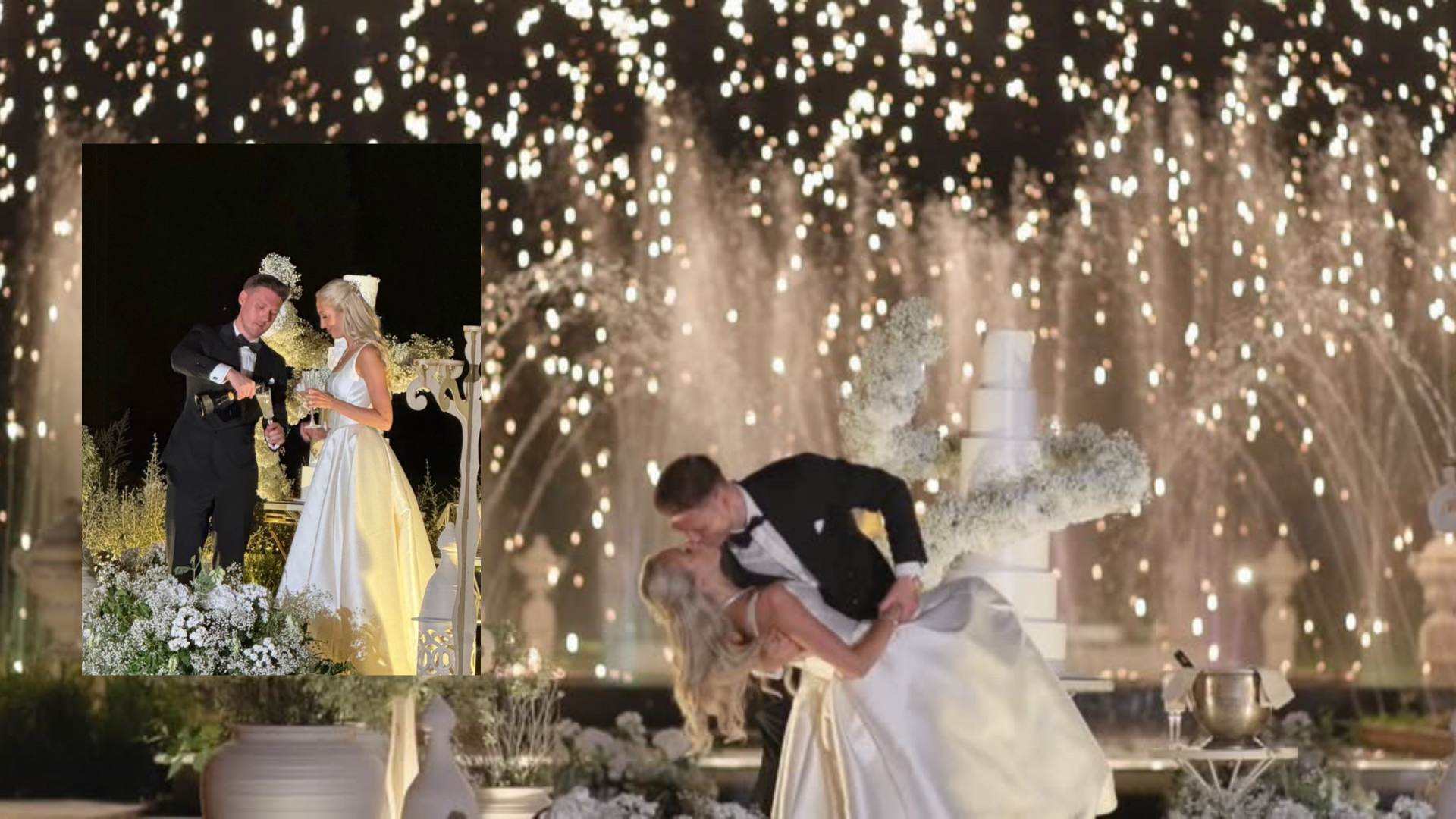 Elliott in his bespoke black dinner suit by RN Tailoring, dipping his bride for a kiss in front of illuminated fountains and the wedding cake at their evening reception
