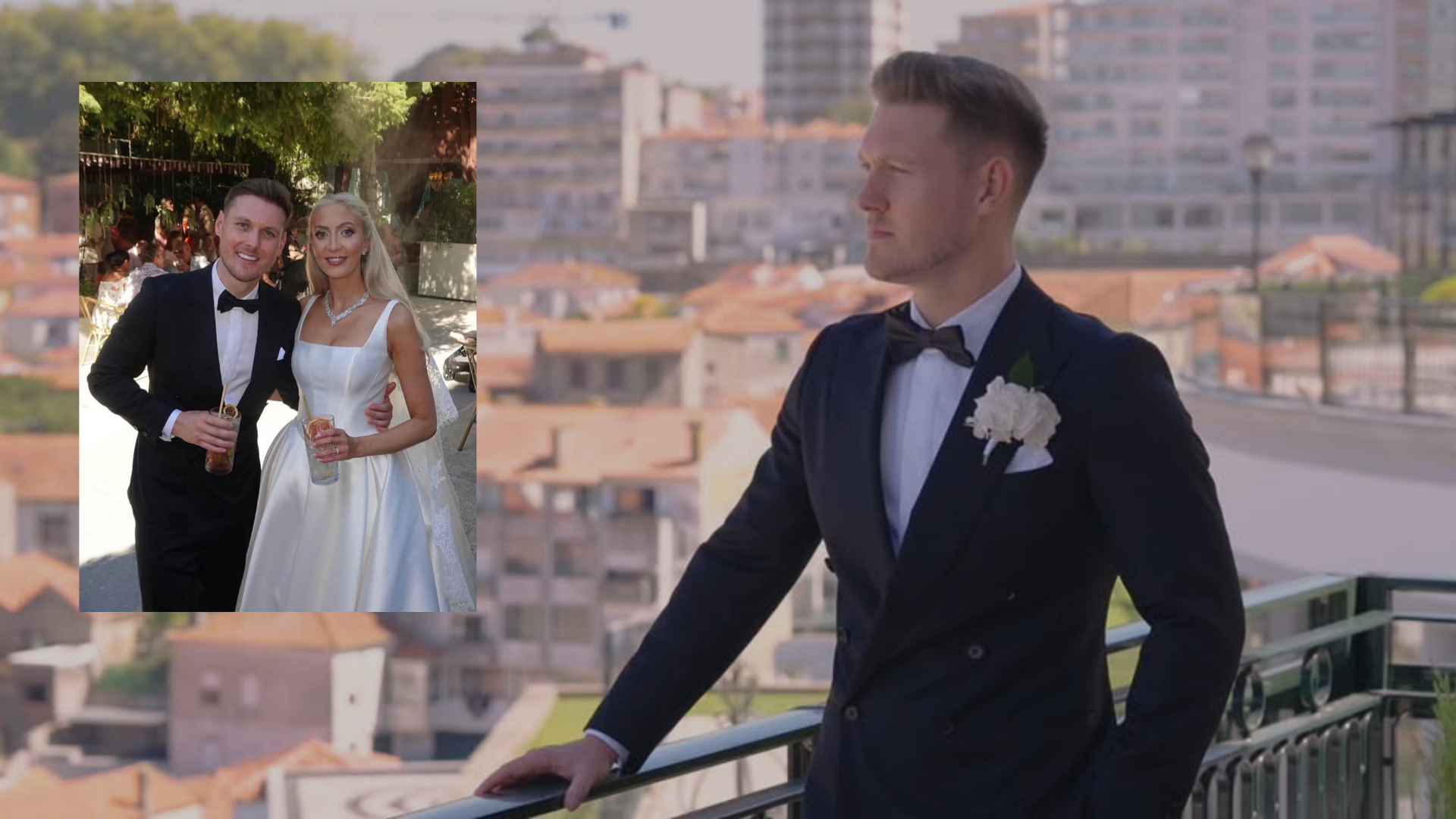 Elliott in his bespoke double-breasted dinner suit with peak lapels by RN Tailoring, standing on a terrace overlooking terracotta rooftops on his wedding day